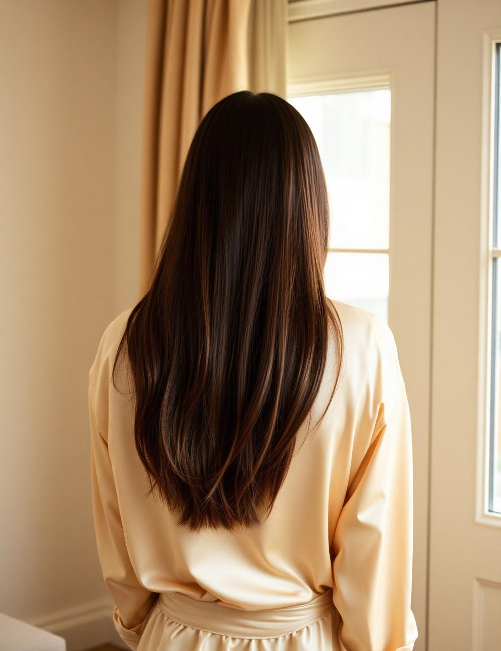 Long glossy hair in window light